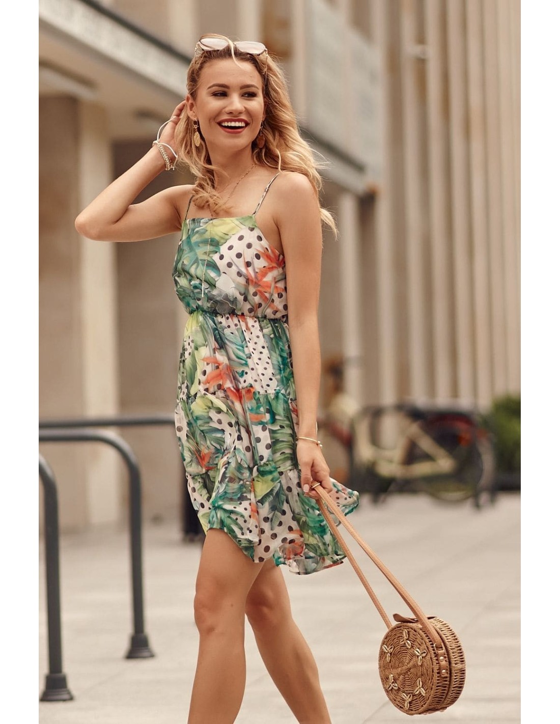 Airy dress with patterns, green and lime PR3213 - Online store - Boutique